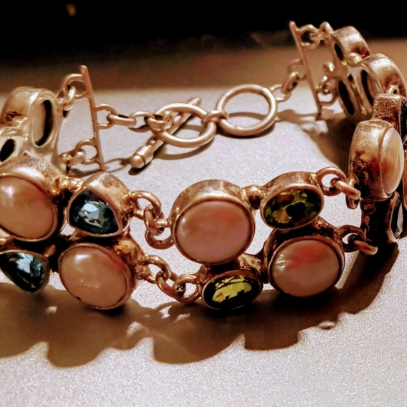 Vintage Sterling silver Three Stone Toggle design pattern Gemstone Bracelet. - Picture 13 of 15